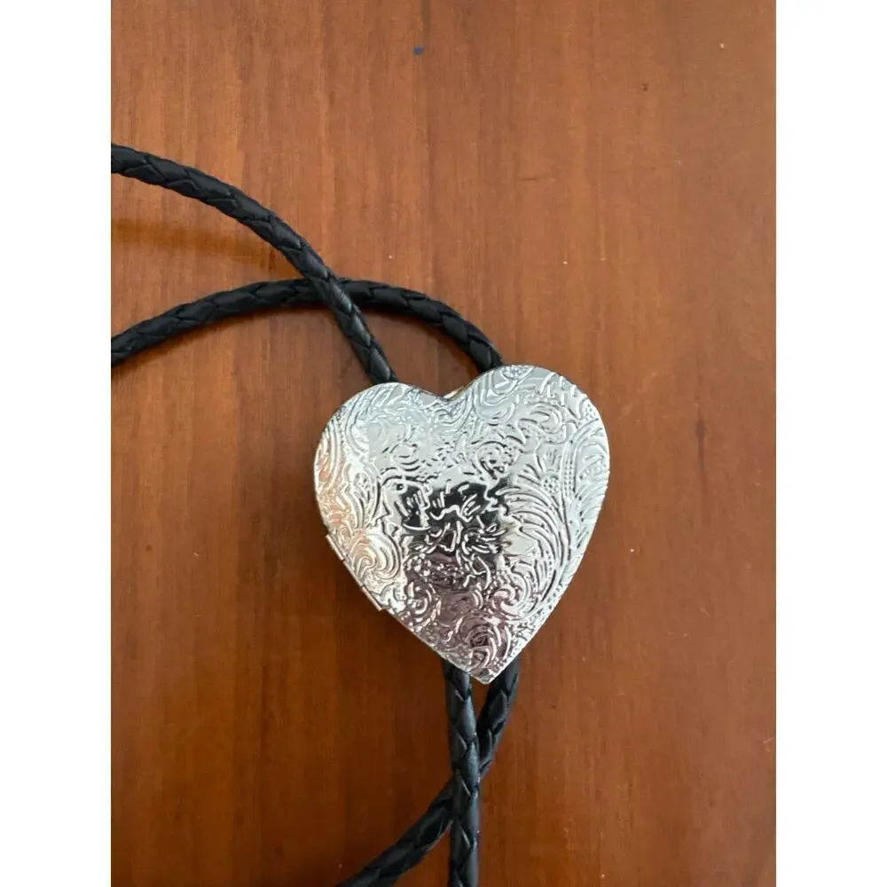 Vintage 90s Heart Locket Bolo Tie Leather Cord